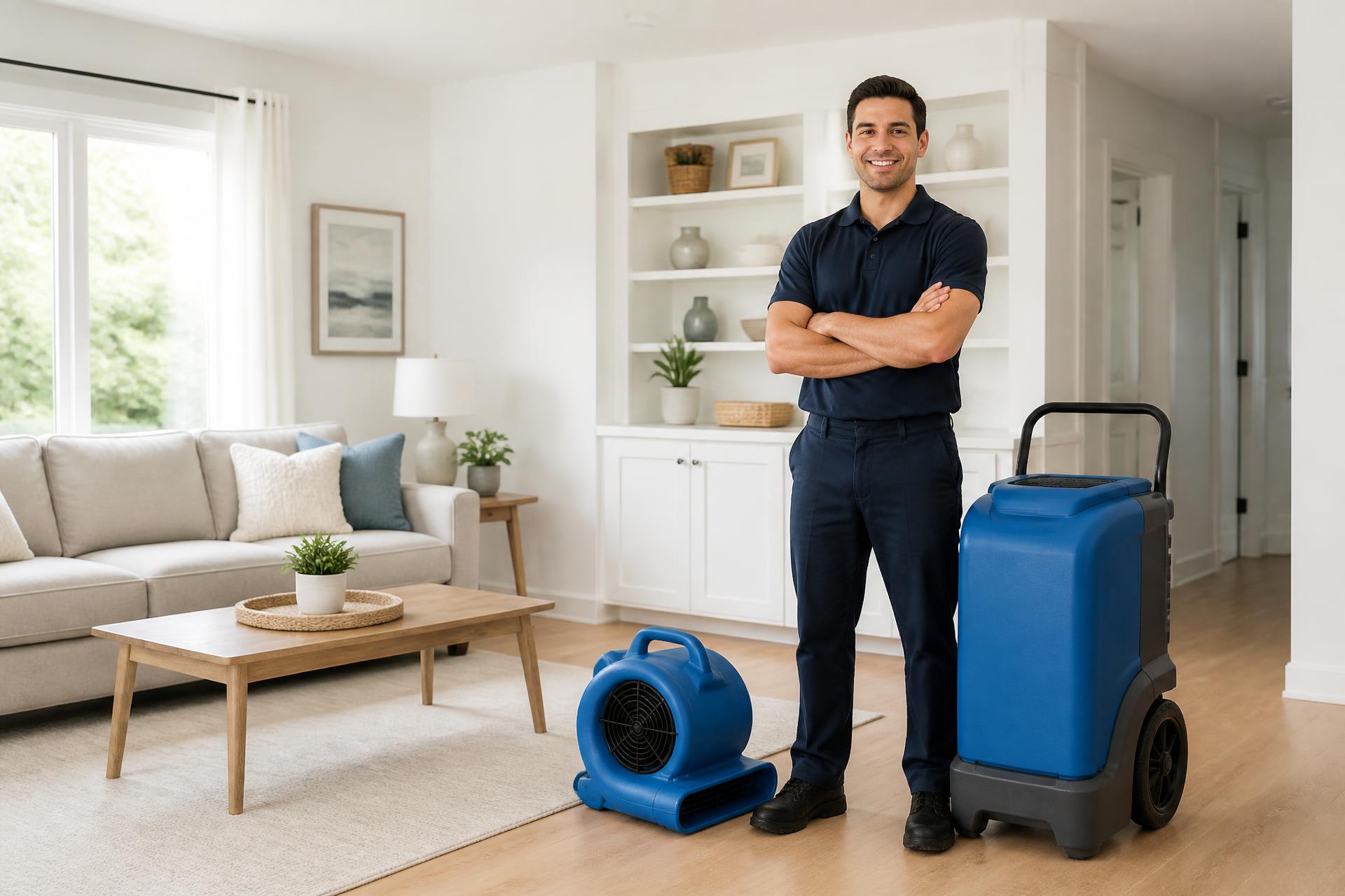 Restoration technician standing with professional drying equipment in a bright, dry living room
